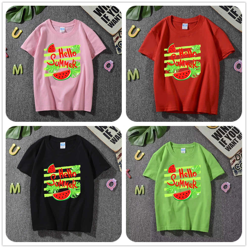 

Kids Hello Summer Watermelon Print Cool T-shirt Children Clothes for Boys/Girls Baby Short Sleeves O-Neck Tees Cotton Tops