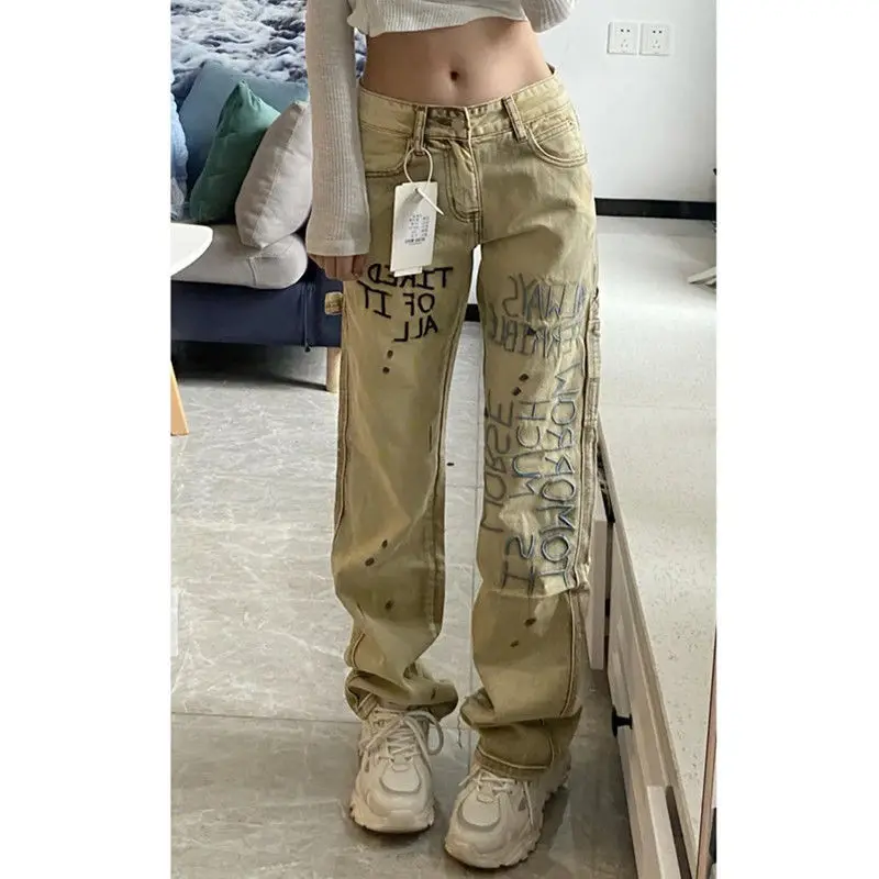 

American Y2K retro hot girl letter embroidery khaki splash ink jeans high waist loose straight leg vintage streetwear jean women