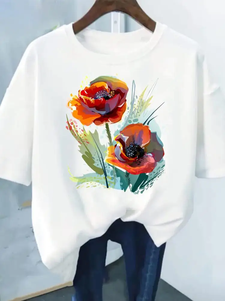 

Футболка женская с коротким рукавом, модная Милая стильная футболка с графическим принтом цветов и растений, повседневная одежда, на лето