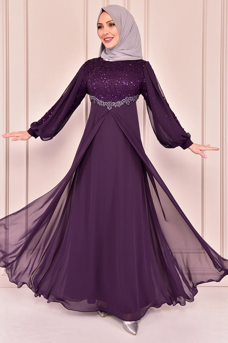 Модное кружевное платье фиолетового цвета для женщин, платье-абайя, мусульманское женское платье, Саудовская Аравия