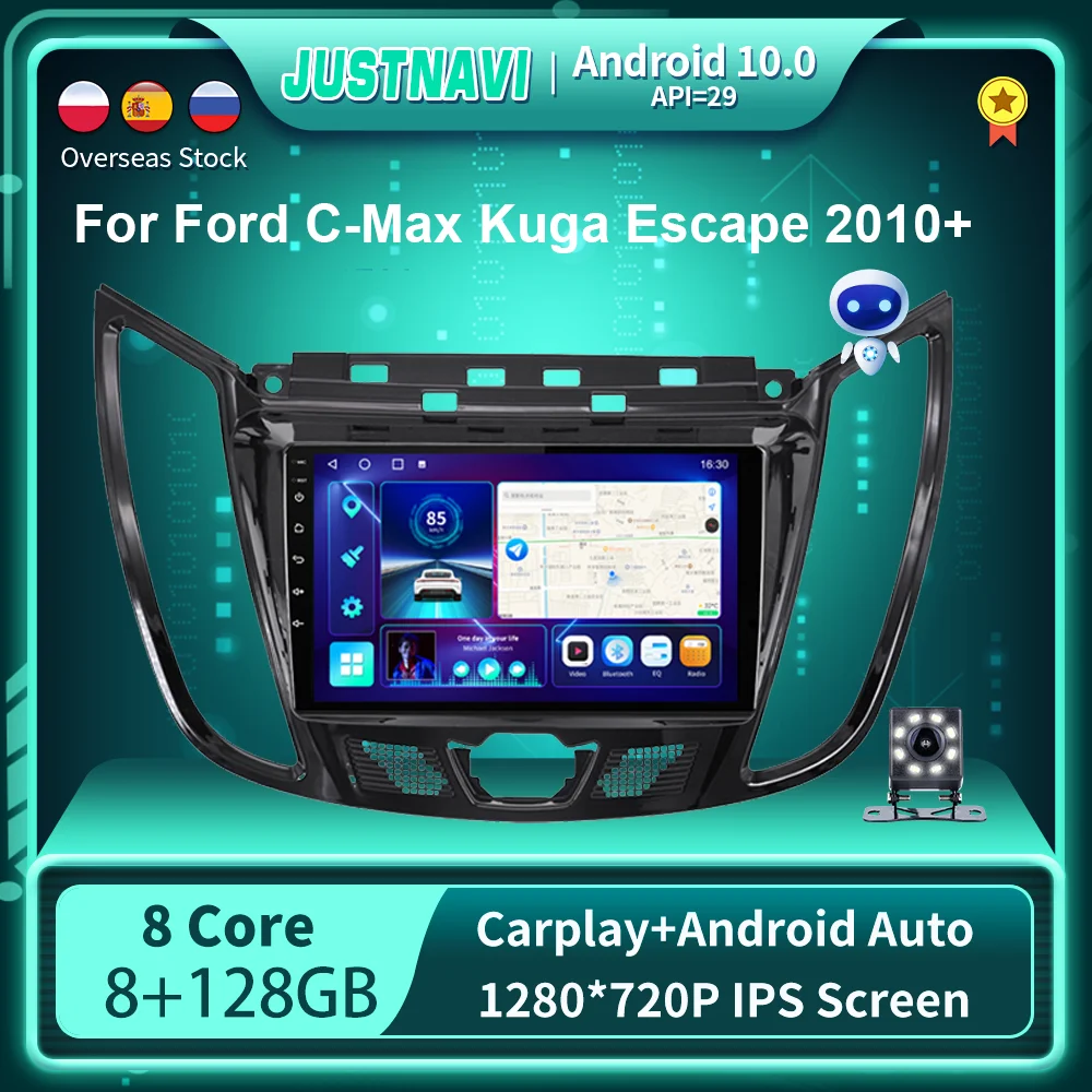 JUSTNAVI-Radio de coche para Ford c-max Kuga Escape 2010 + Android 10,0, navegación, autorradio estéreo, reproductor Multimedia, GPS, Audio, No 2Din