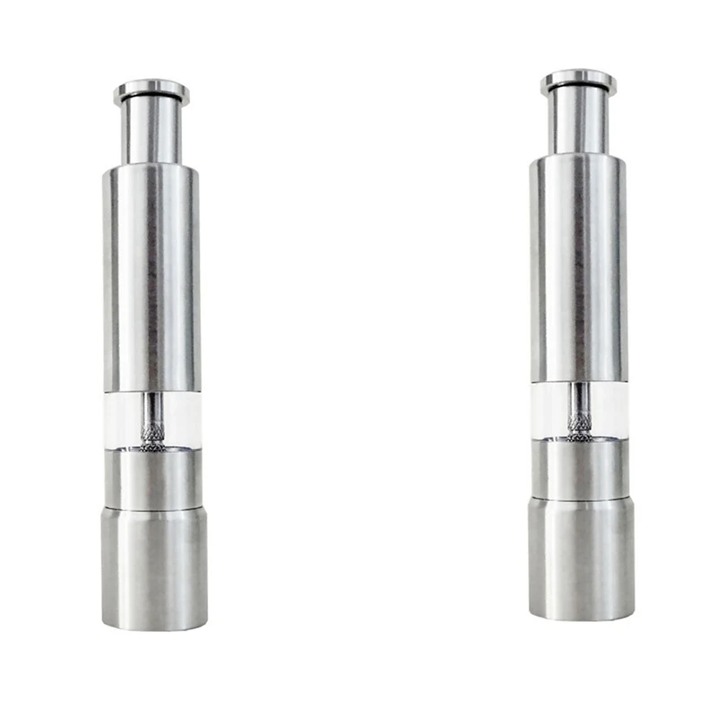 

2X Salt And Pepper Grinder Stainless Steel Push Button Silver For Cooking Spice Thumb Push Pepper Mill Portable Grinder