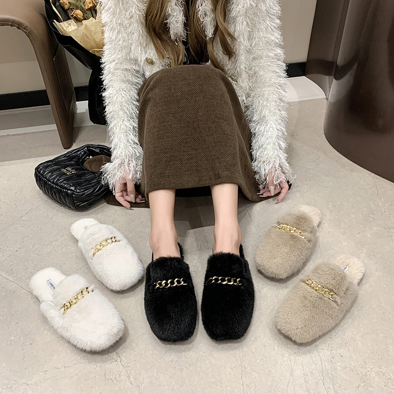 Женские тапочки осень/зима 2023 плюшевые пушистые новые корейские уличные модные