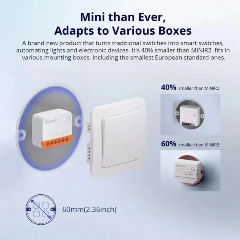 Фото Умный Wi-Fi выключатель Sonoff Mini R4 Extreme с двусторонним дистанционным управлением, режимом отсоединенного реле, модуль для умного дома через приложение eWelink, Alexa, Google №2