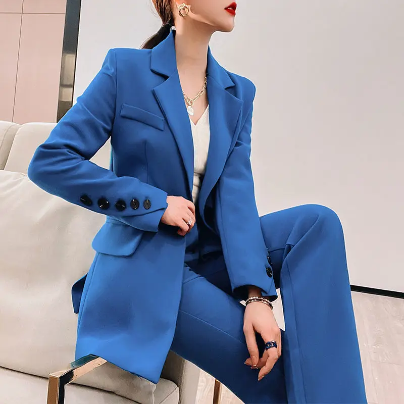

Women's Chic 2022 Fashion New Pocket Decorative Solid Casual Two Pieces Set Female Single Button Blazer + Wide Leg Pants Q92