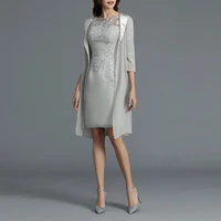 elegant wedding guest gown for woman gray chiffon mother of the bride dresses knee length with jacket lace applique summer 2022