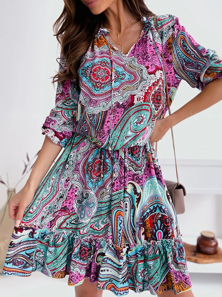 

Женское платье с принтом пейсли, повседневное мини-платье с оборками на подоле, лето 2022