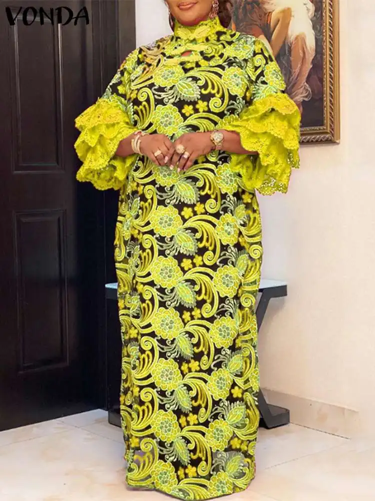

Women Printed Vacation Dress 2022 VONDA Bohemian Sundress Flare Sleeve Summer Dress Femme Casual Vestido Oversized Femme Robe
