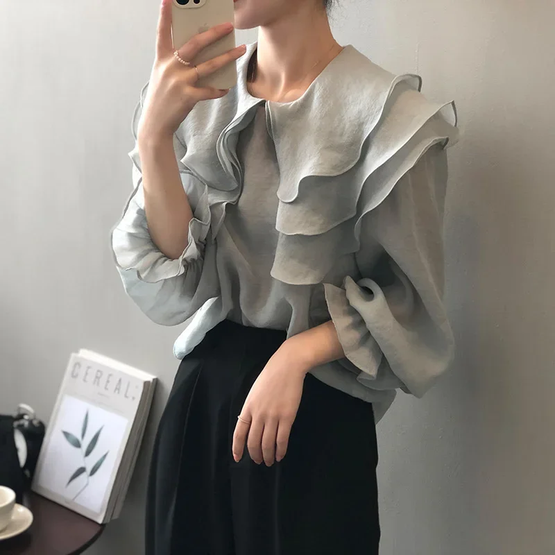 

SHENGPALAE Ruffle Design Folds Loose Chiffon Shirt For Women Korean Fashion Peter Pan Collar Blouse 2023 Spring Clothing 5R1667