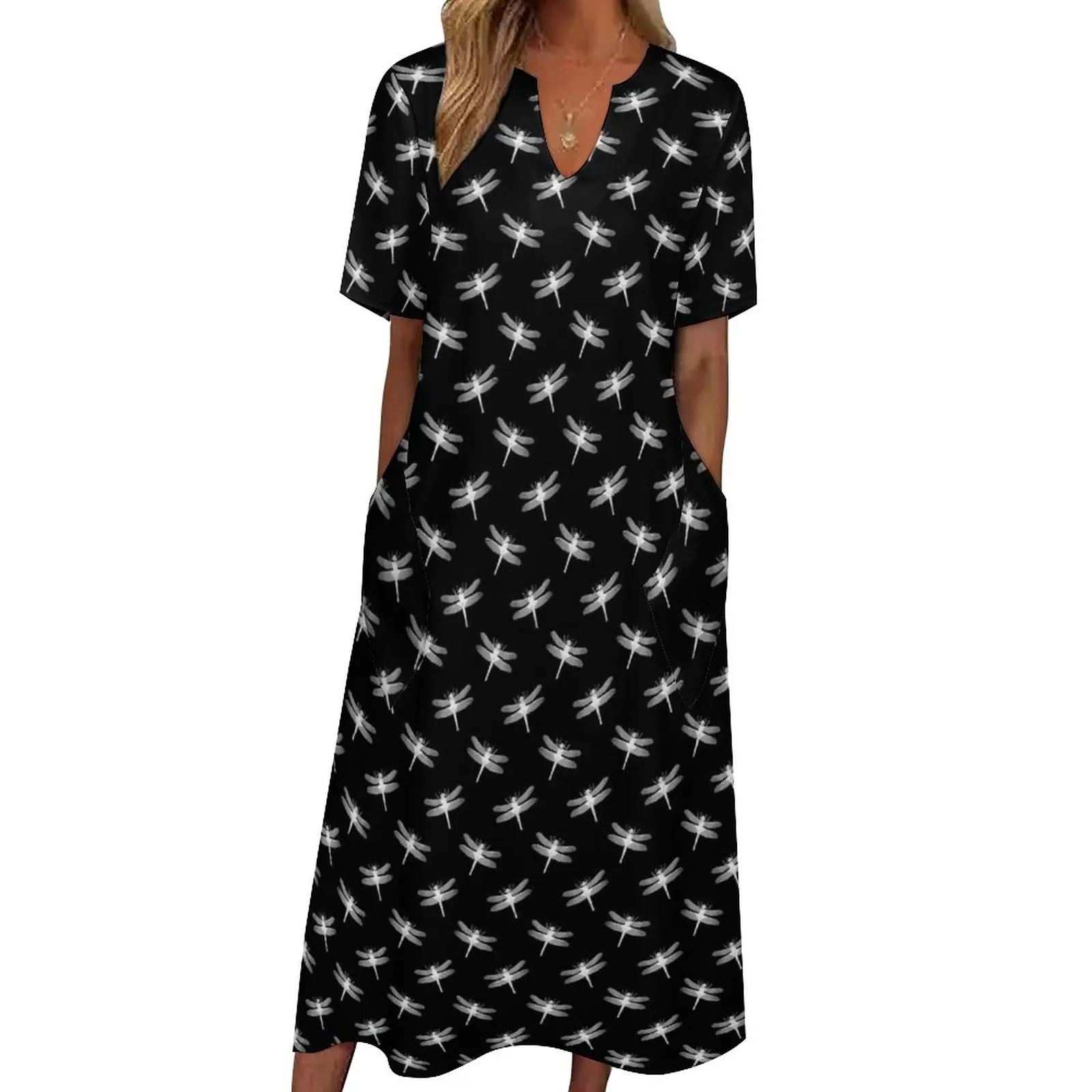 

Dragonfly Print Dress Summer Black and White Street Wear Boho Beach Long Dresses Female Design Sexy Maxi Dress Large Size