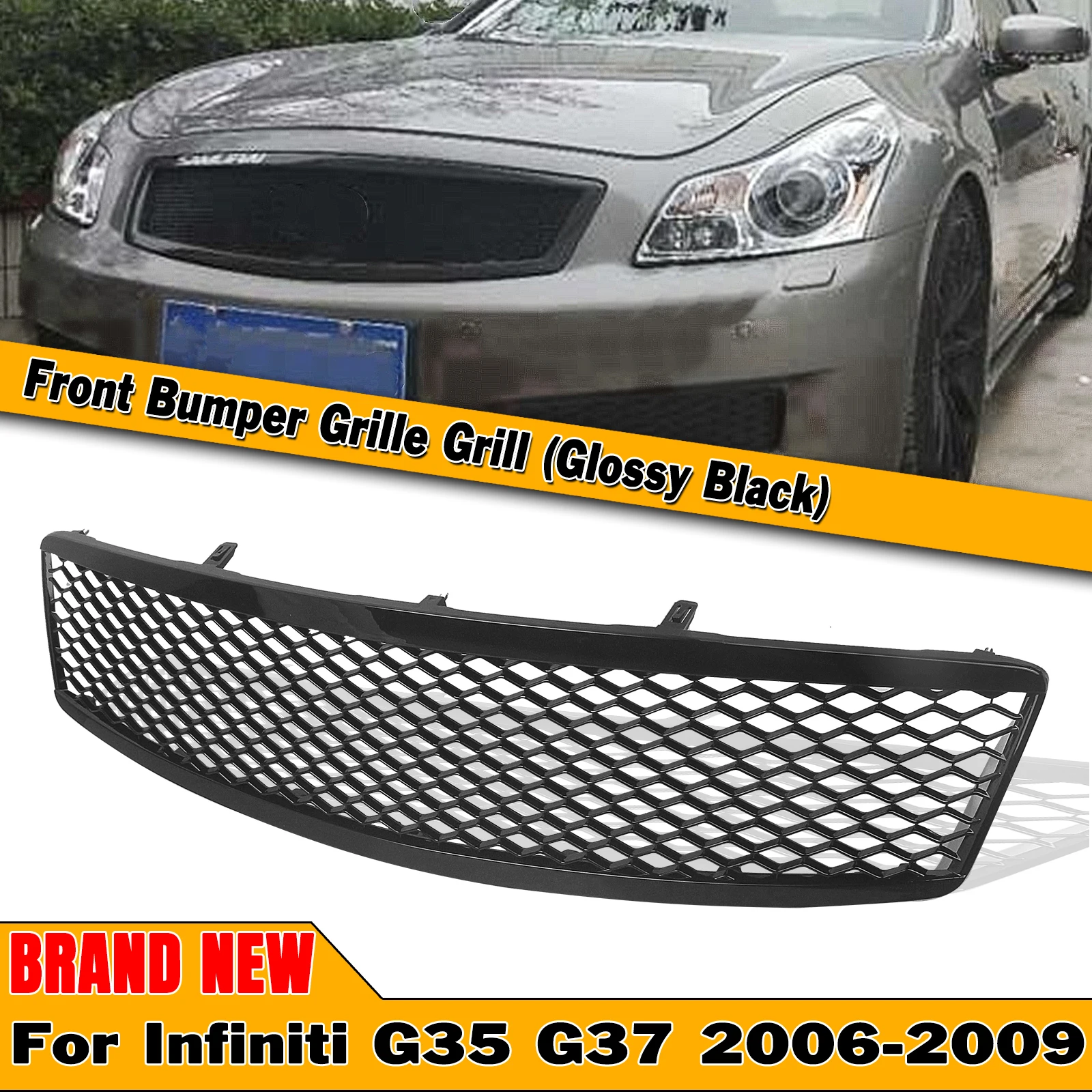 

For Infiniti G35 G37 2006-2009 Front Grille Glossy Black Car Upper Bumper Hood Mesh Grid Replacement Body Kit Racing Grills