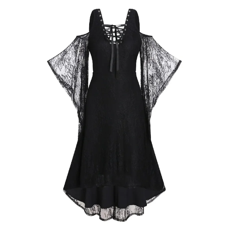 

Женское платье в готическом стиле Goth, однотонное облегающее кружевное платье-пуловер с длинными расклешенными рукавами на весну