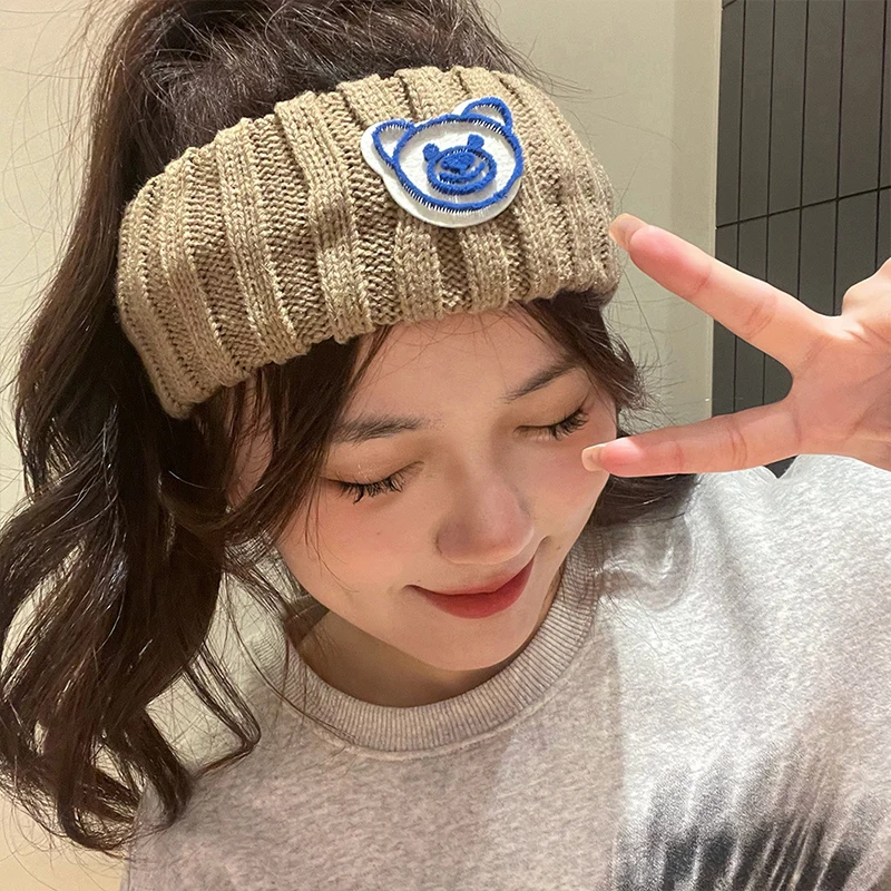 

Winter Bear Head Knitted Headband Wide Elastic Hair Bands Women Hair Accessories Face Wash Head Band Faux Wool Warm Headbands