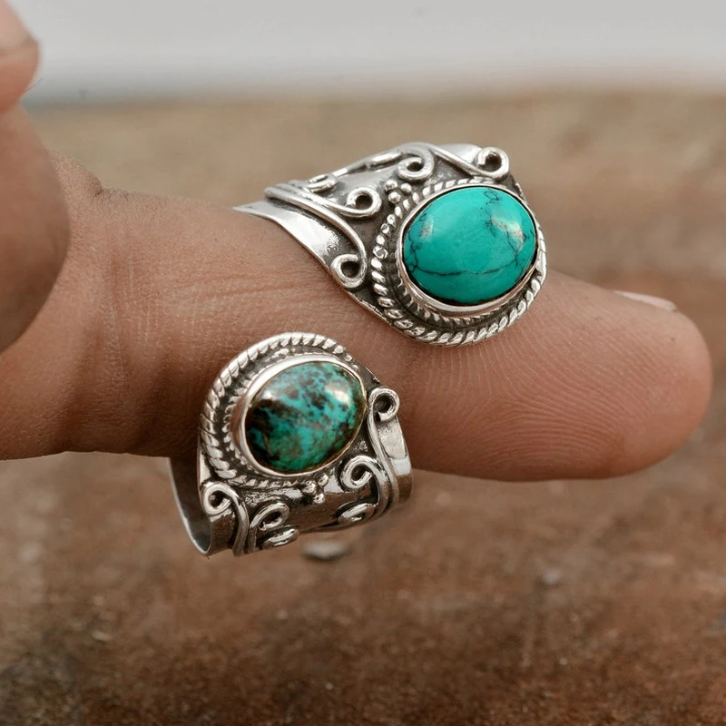 

Natural Stone Adjustable Opening Ring For Woman Silver Color Finger Jewelry Bohemia Retro Female Accessories Wedding Party Gift