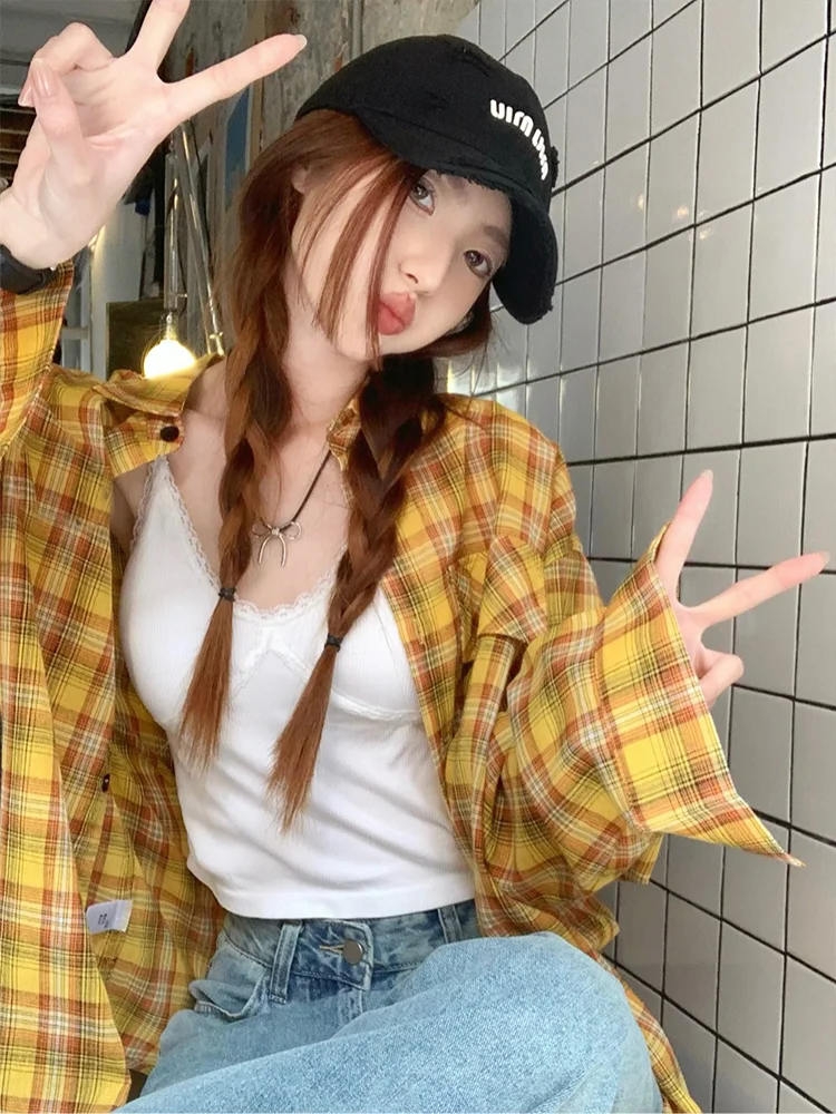 Женская рубашка в клетку ADAgirl желтая винтажная стиле Харадзюку кардиган на