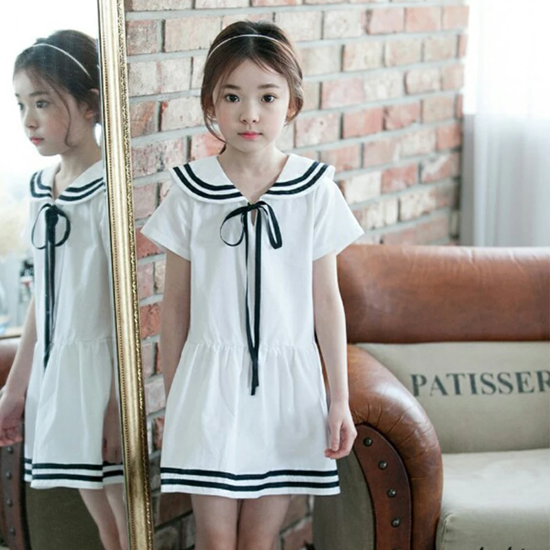 Preppy Girls Clothes Teen Dresses Summer Spring 2022 New Little Big Girl Sailor Collar A-line Dress For Kids White Blue | Детская одежда