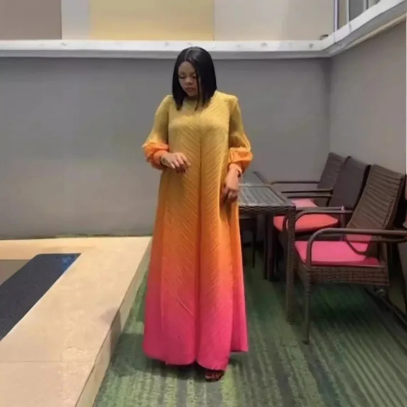 Платье-Макси женское Плиссированное ТРАПЕЦИЕВИДНОЕ с рукавами-фонариками длина