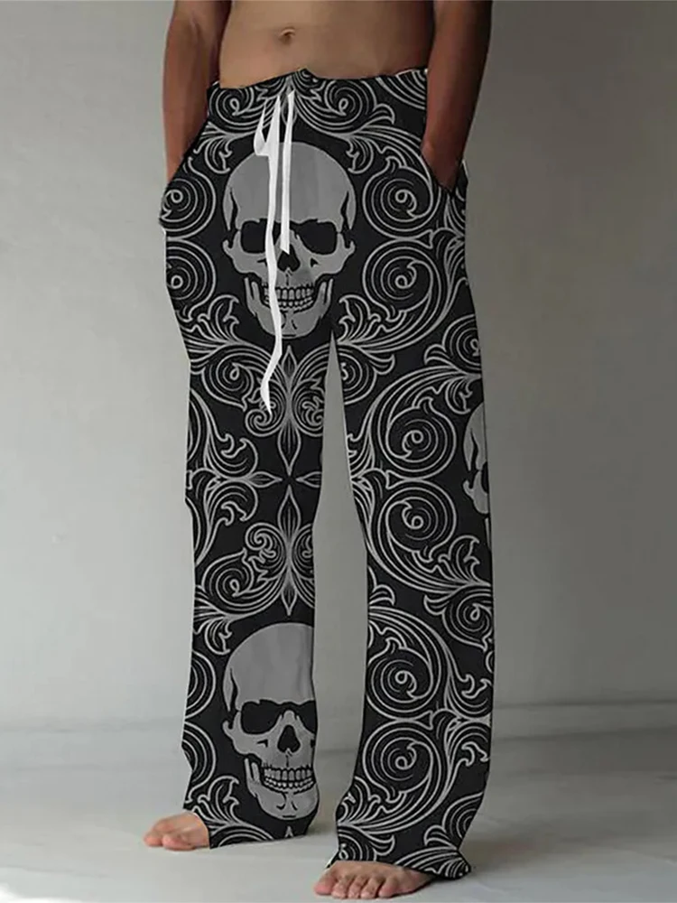 

Summer Fashion Mid Waist Mens Straight Pants Men Beach Casual Loose Drawstring Trousers Retro Printed Cotton Linen Long Pants