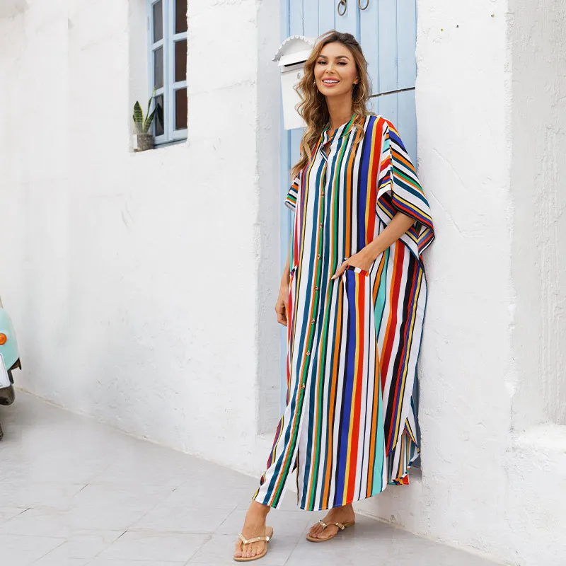 

2022 Woman Swimsuit All Side Elastic Printing Sand Blouse Loose Pocket Single Breasted Holiday Skirt Bikini Beach Dress LS054