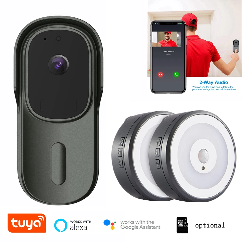 1080P Tuya كاميرا فيديو ذكية بطارية الجرس 170 التيار المتناوب/تيار مستمر السلكية جرس الباب كاميرا لاسلكية اتجاهين الصوت يعمل مع أليكسا جوجل