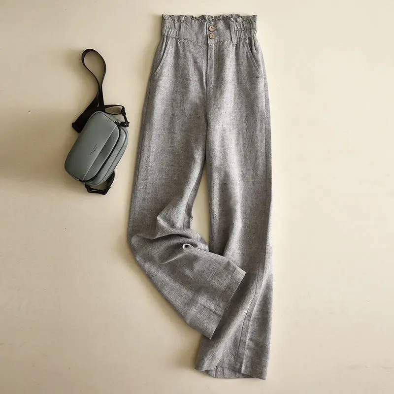 

EAEOVNI Gray Linen Wide Leg Pants Women's Loose Casual Cotton Linen Pants Flower Bud Waist Linen Straight Trousers