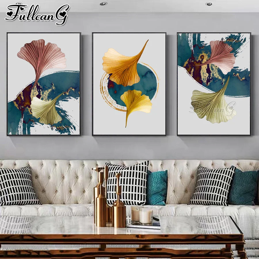 

FULLCANG abstract leaves 5D DIY triptych paintings full Mosaic Embroidery abstract landscape Handmade Art Home Decor FG0766