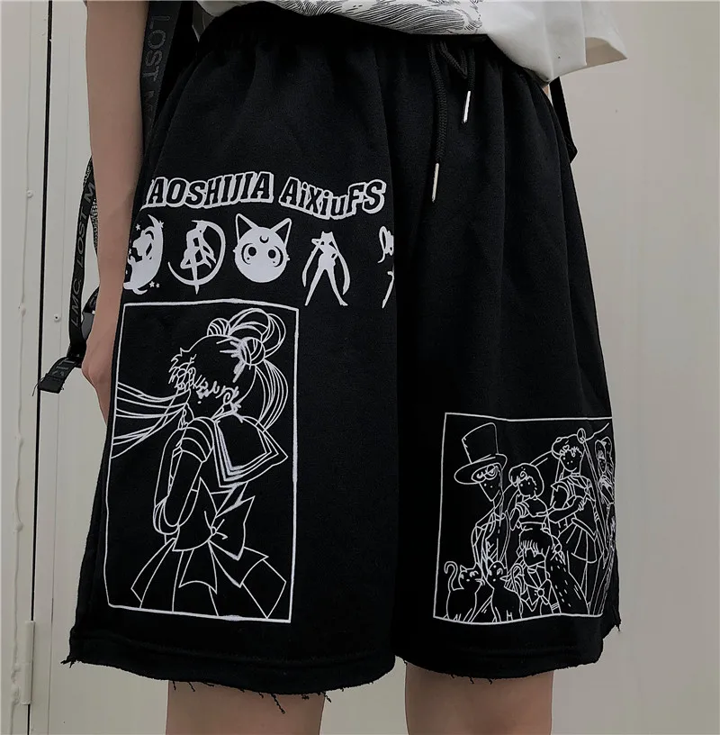 2023 Letter Cartoon Sports and Leisure Loose Wild Student Was Thin High Waist Shorts Printed Elastic Waist Shorts Shorts Loose