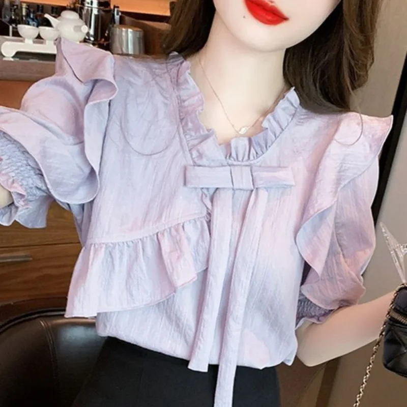 Модные шифоновые рубашки с оборками на воротнике и коротким рукавом Новинка лета