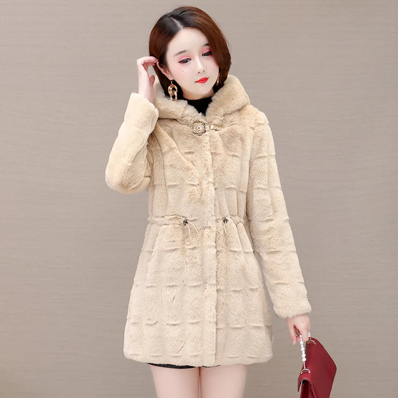 Mink Fur Coat Women's Medium Long Winter New Slim Slim Thickened Mink Fur Hooded Coat  Winter Coat Women