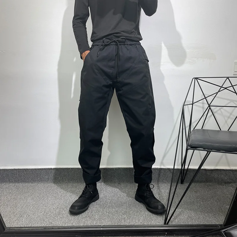 Dark Black Fashionable Men's Simple Pure Color Loose Functional Overalls Men's Fashionable Casual Trend Versatile Casual Pants