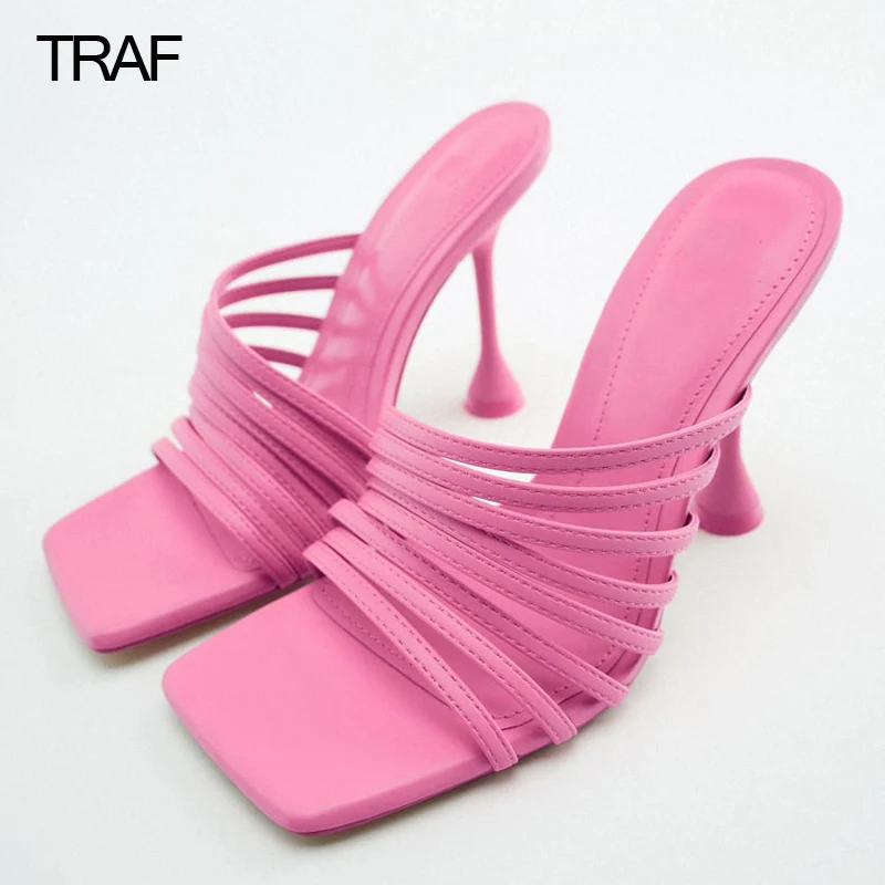 

TRAF ZA Women's Gold Pink Heel Sandals Summer 2022 Luxury Party Strappy Heel Sandals Woman High-heeled Stripper Pole dance Heel