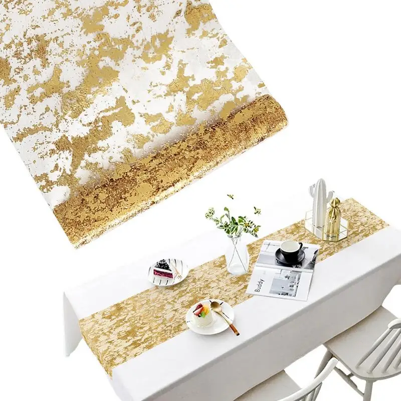 

Metallic Gold Table Runner 300x28cm Sequin Glitter Foil Gold Thin Mesh Runners Rolls For Birthday Wedding Party Home Decoration