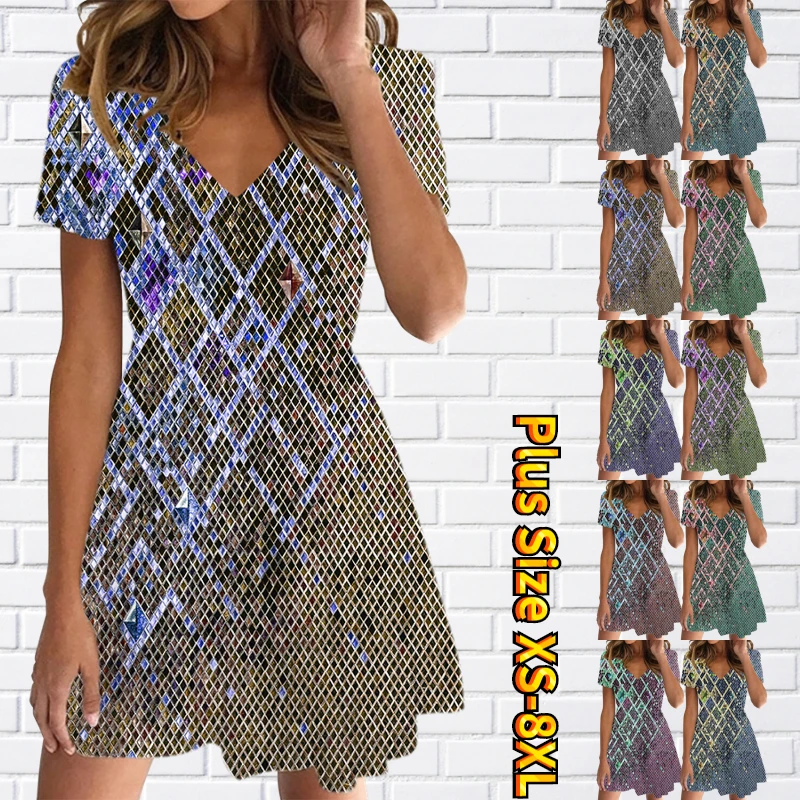 

Летняя трендовая юбка с V-образным вырезом и коротким рукавом, женское модное платье, повседневная Юбка До Колена, сексуальное облегающее платье с принтом, новый дизайн