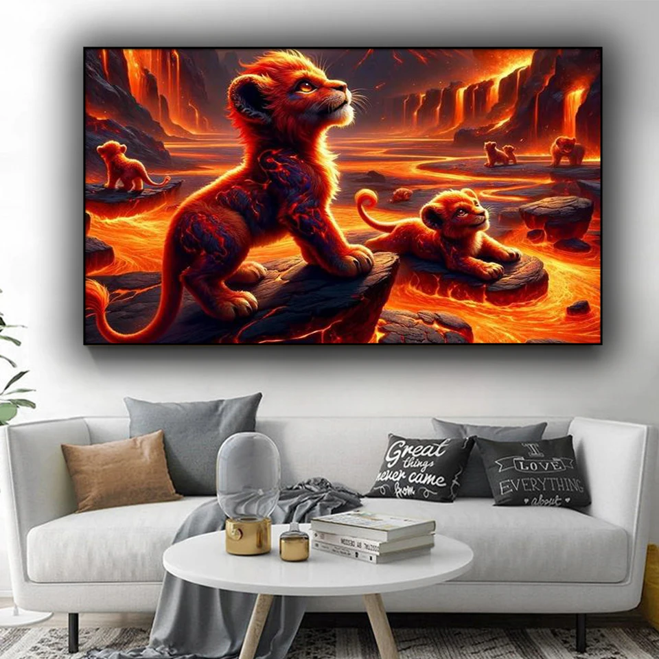 Мама лев с кубиком DIY 5D алмазная живопись Фэнтези вулканический пейзаж искусство