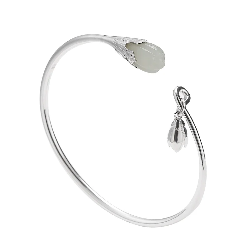Pure Silver Hetian Jade Open-Ended Bracelet Female Lotus High Sense Niche Design Ancient Style Sterling Silver Bracelet