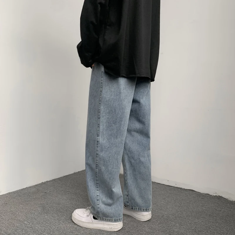 Mens Baggy Jeans Vintage Blue Drawstring Elastic Waist Wide Legs Straight Denim Pants Korean Trousers Casual Male Brand Clothing