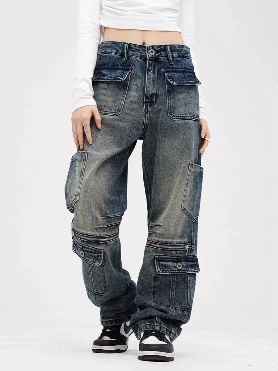 niebieskie jeansy damskie 2024 модные винтажные уличные брюки в стилі хіп-хоп широкие прямые