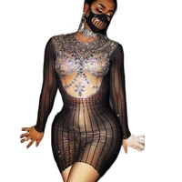 sexy nude women black shining dress shining rhinestone sequins zipper party evening bar club clothing dance stage costume