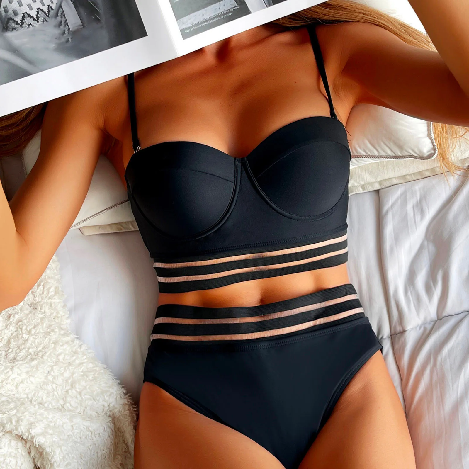 2022 Женский комплект бикини бразильский купальник сексуальный черный с высокой