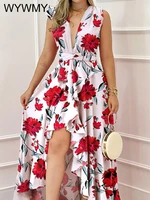 2022 fashion design ruffle big swing party dress women summer deep v neck wrap long dress sexy floral print irregular dress