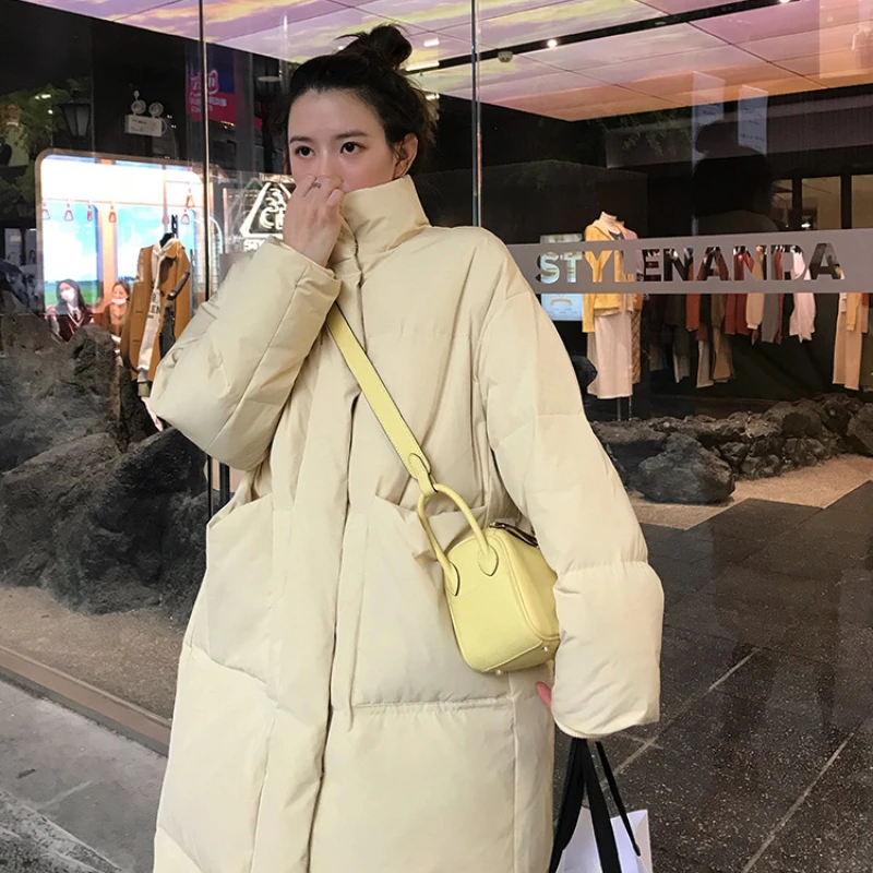 Winter Coat Women New Long Down Jacket Korean Version Thick Loose Solid Color Stand Collar White Eiderdown Bread Overcoat