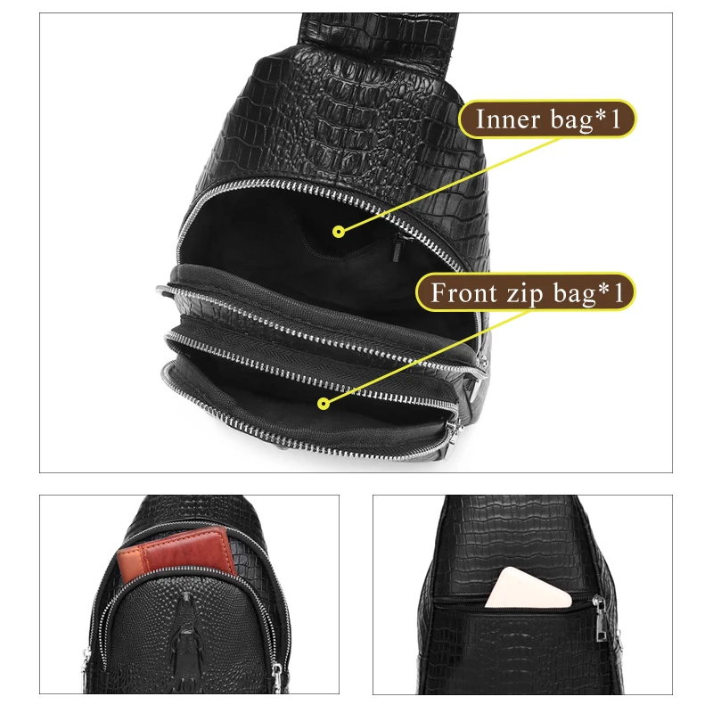 SCHLATUM 100% Genuine Leather Sport Casual Crossbody Bag  for Men Men's Chest Bag Black Crocodile Pattern Shoulder Bag
