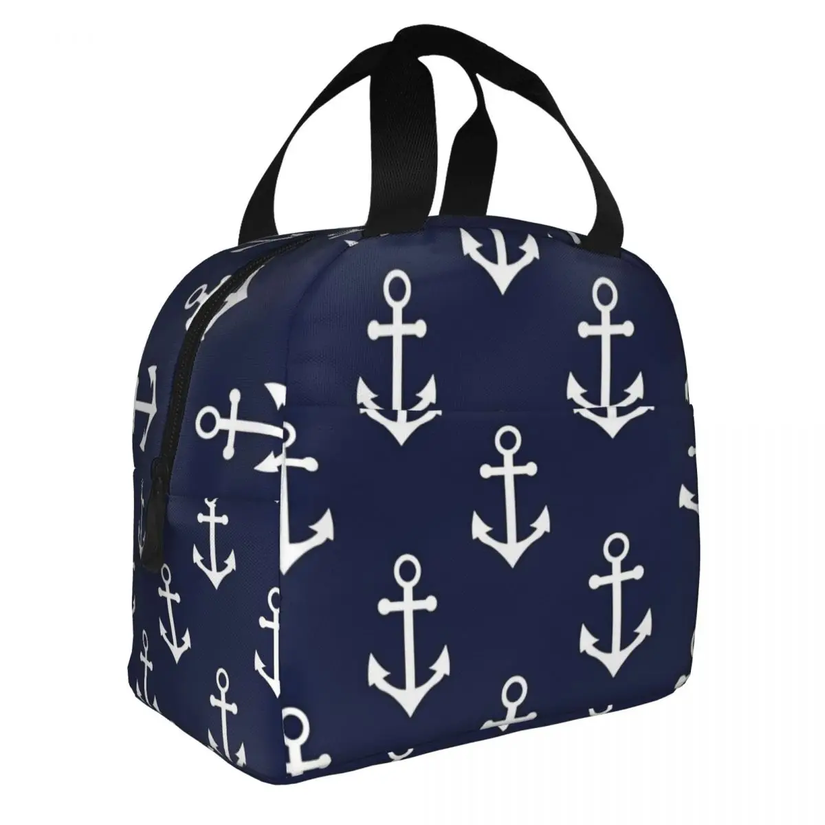 Navy Blue Nautical Anchor Pattern Lunch Bento Bags Portable Aluminum Foil thickened Thermal Cloth Lunch Bag for Women Men Boy