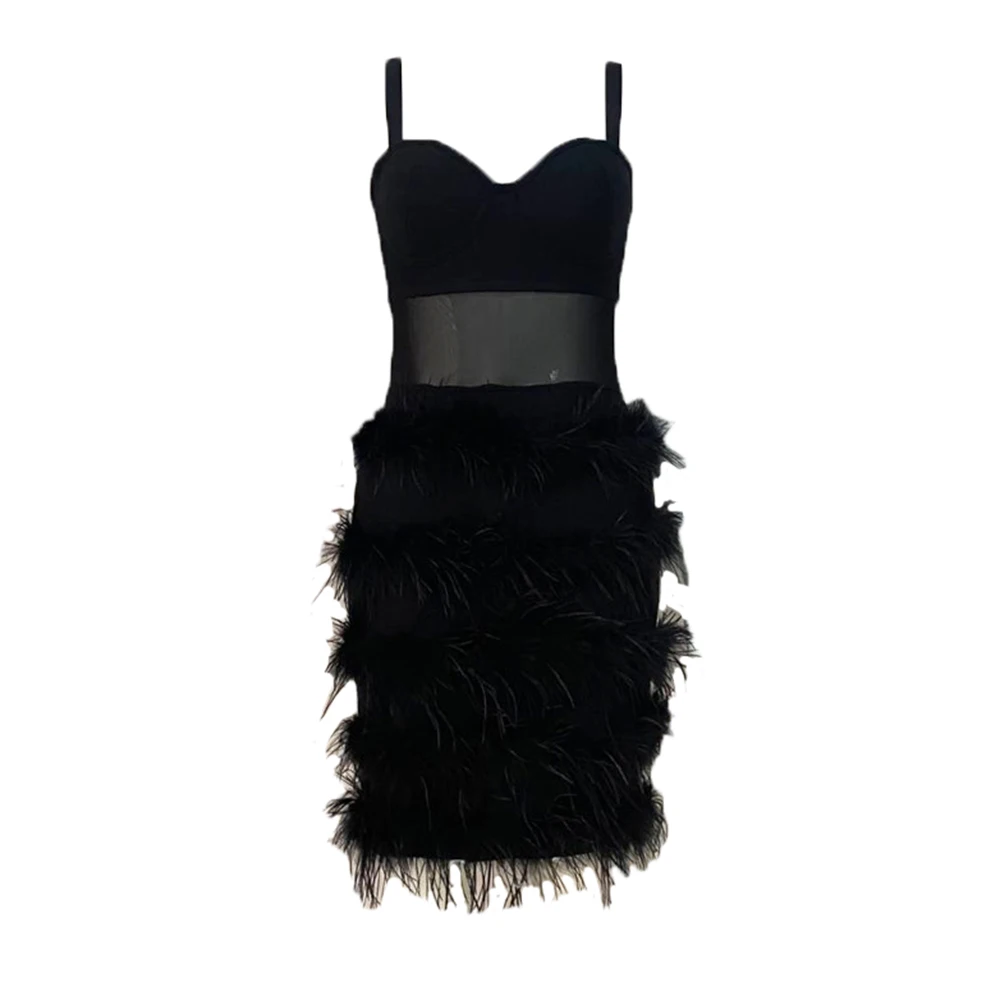 

2023 New Women Black Spaghetti Strap Sleeveless Sexy Feathers Bodycon Bandage Dress Summer Club Party Celebrity Elegant Dresses