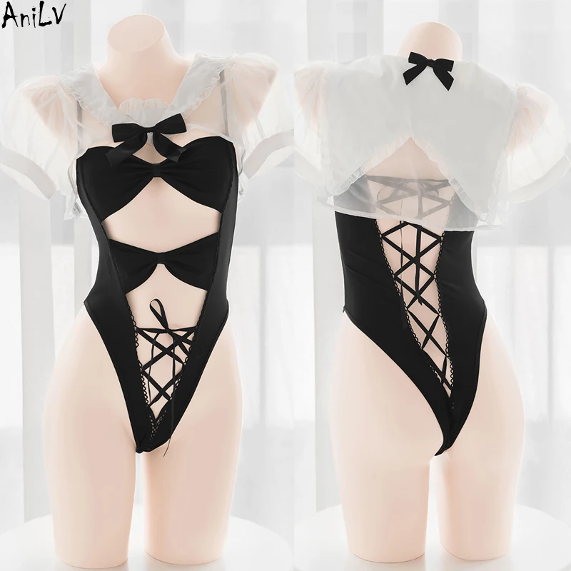

AniLV Palace Princess Cute Bow Bodysuit Swimsuit Costume Anime Loliat Girl Maid Swimwear Sukumizu Puff Sleeve Pajamas Cosplay