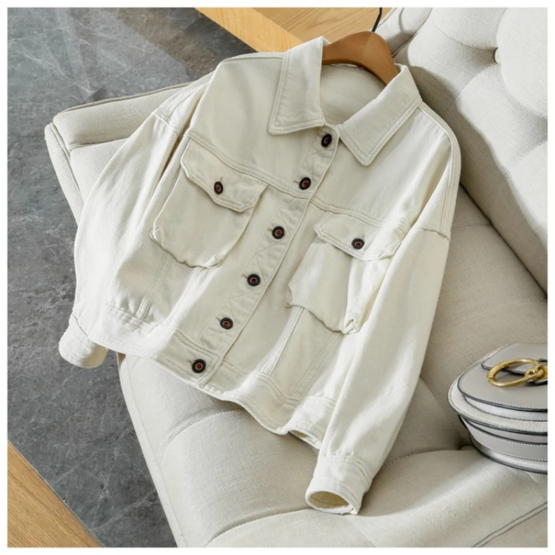 

Korean Version of Gentle Milk White Denim Jacket Women's Spring and Autumn Fashion Loose and Thin Denim Short Jacket Women