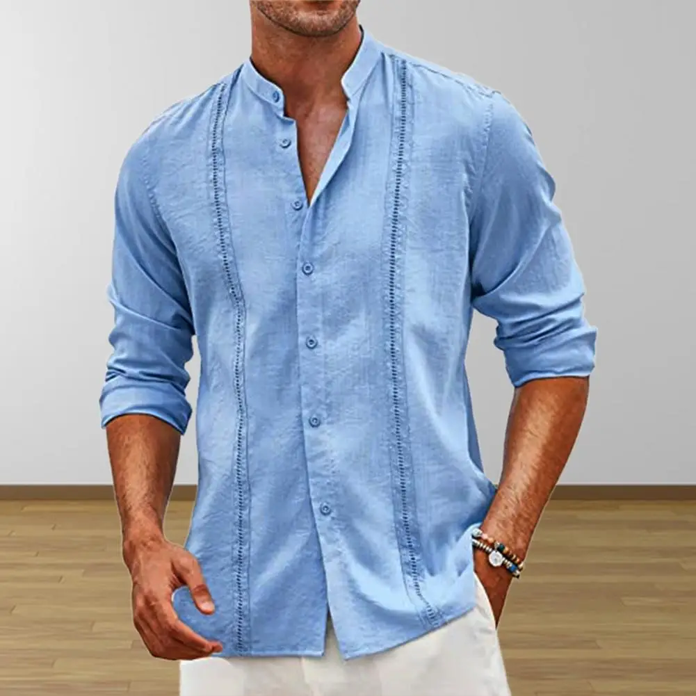 

Stand Collar Loose Long Sleeve Cardigan Men Shirt Solid Color Breathable Button Autumn Tops Soft Quick Dry Men Tops For Work