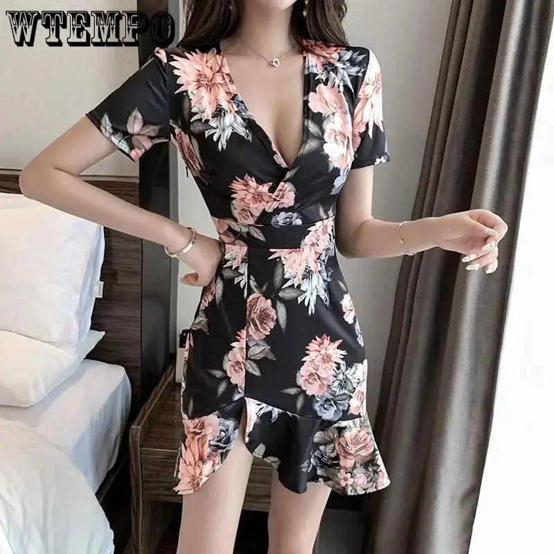 

Nightclub Women's Low Cut Bar Short Retro Print Sexy Dress V-neck Slit Bag Hip Skirt Sexy Woman Clothes Summer Dress