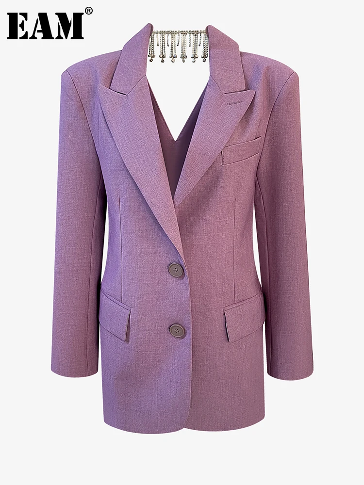 

[EAM] Women Purple Backless Rhinestones Blazer New Lapel Long Sleeve Loose Fit Jacket Fashion Tide Spring Autumn 2022 1DF0271