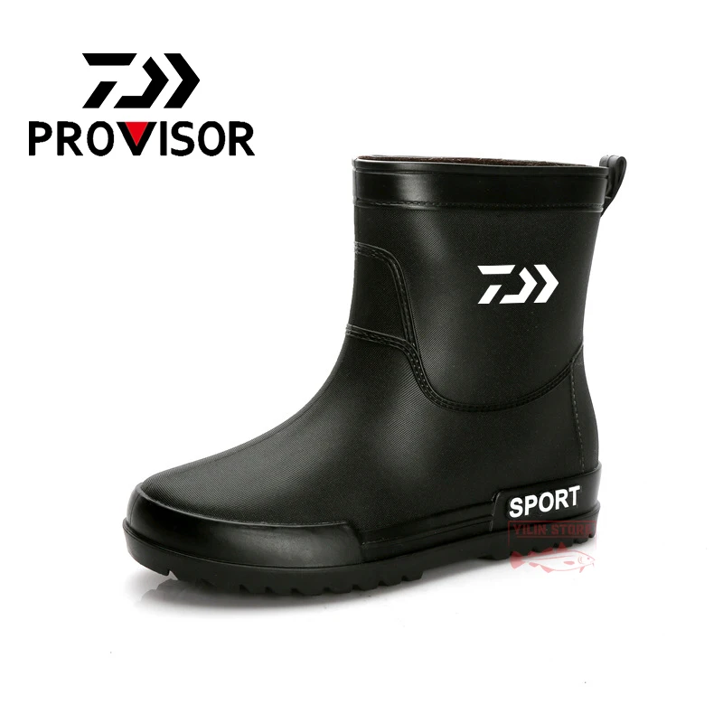 

Daiwa Fishing Rain Boots Men Mid-tube Solid Color Waterproof Shoes Flat Shoes Fashion Rain Boot Plus Velvet Non-slip Rubber Shoe